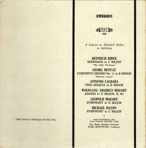 Heinrich Biber*, Georg Muffat, Antonio Caldara, Wolfgang Amadeus Mozart, Leopold Mozart, Michael Haydn - Jakob Staempfli*, Georg Friedrich Hendel, Saar Radio Chamber Orchestra* Conductor Karl Ristenpart : A Concert In Mirabell Palace In Salzburg (LP)