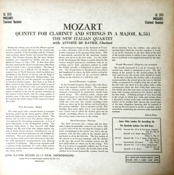 Mozart* - The New Italian Quartet* With Antoine De Bavier : Quintet for Clarinet And Strings In A Major (LP, Mono)