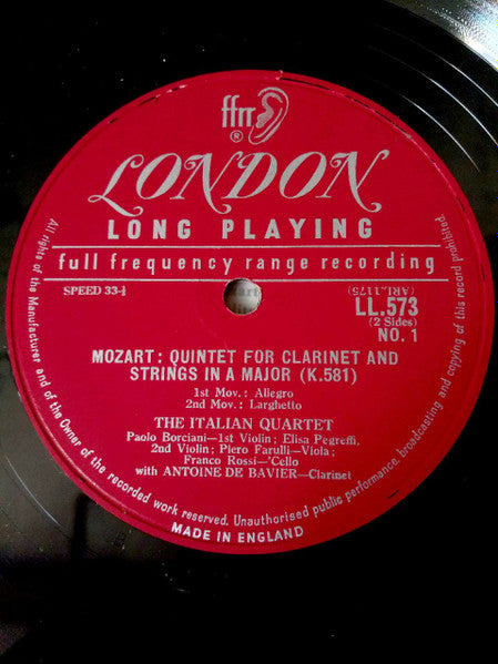 Mozart* - The New Italian Quartet* With Antoine De Bavier : Quintet for Clarinet And Strings In A Major (LP, Mono)