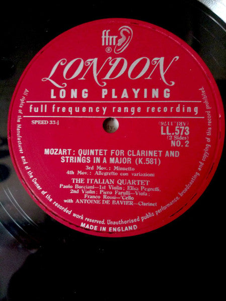 Mozart* - The New Italian Quartet* With Antoine De Bavier : Quintet for Clarinet And Strings In A Major (LP, Mono)