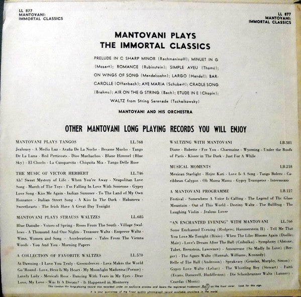 Mantovani And His Orchestra : Mantovani Plays The Immortal Classics (LP, Album, Mono)