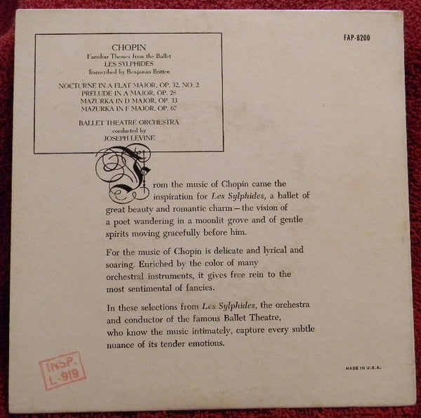 Joseph Levine & The Ballet Theatre Orchestra* : Chopin - Familiar Themes From The Ballet Les Sylphides  (7", EP)