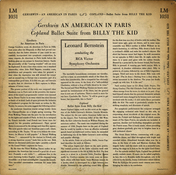 Leonard Bernstein, RCA Victor Symphony Orchestra, George Gershwin, Aaron Copland : An American In Paris And Ballet Suite From Billy The Kid (LP, Mono)