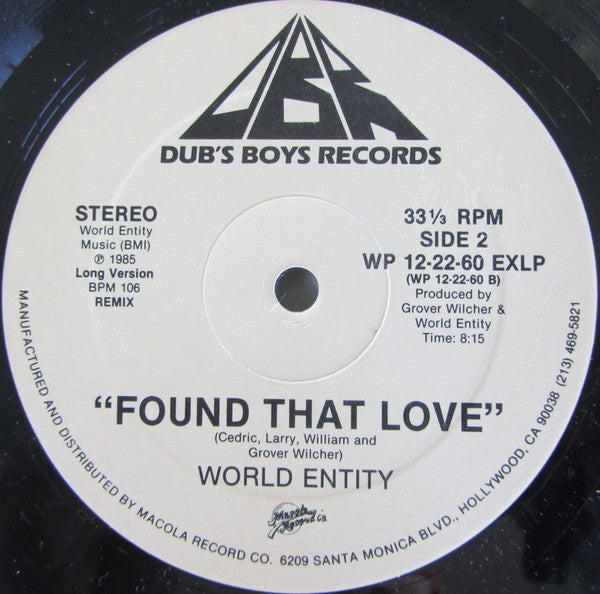 World Entity : Found That Love (12", Promo)