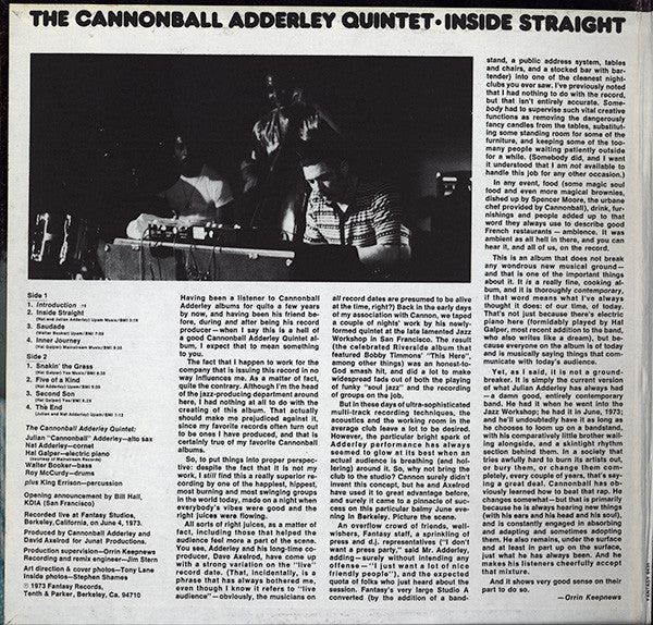 The Cannonball Adderley Quintet : Inside Straight (LP, Album, Gat)
