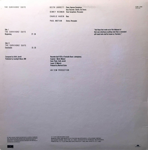 Keith Jarrett : The Survivors' Suite (LP, Album, Pit)