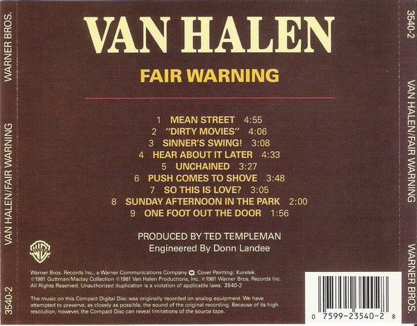 Van Halen : Fair Warning (CD, Album, RE)