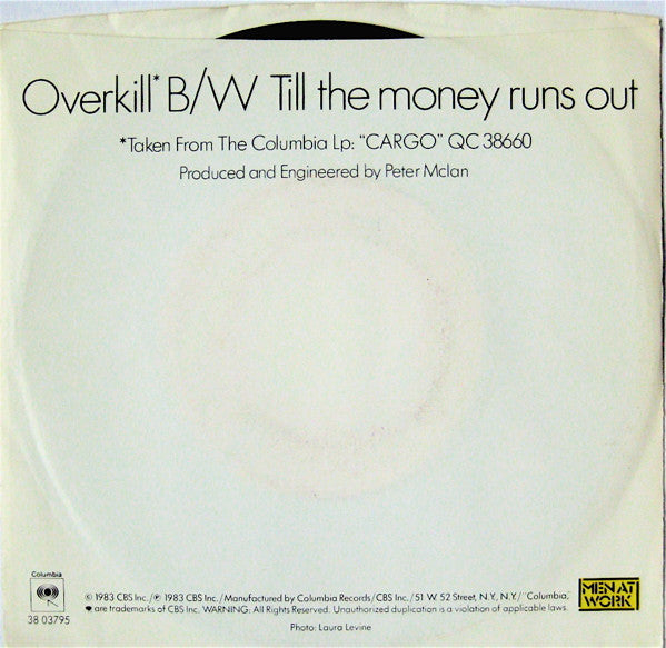 Men At Work : Overkill (7", Styrene, Pit)