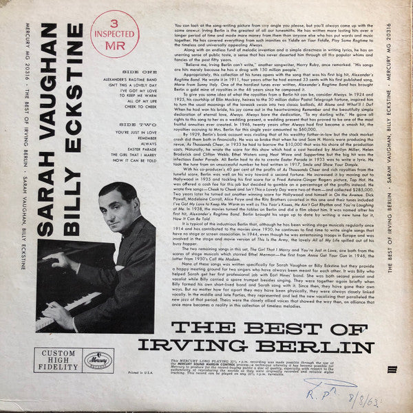 Sarah Vaughan And Billy Eckstine : Sing The Best Of Irving Berlin (LP, Album, Mono)