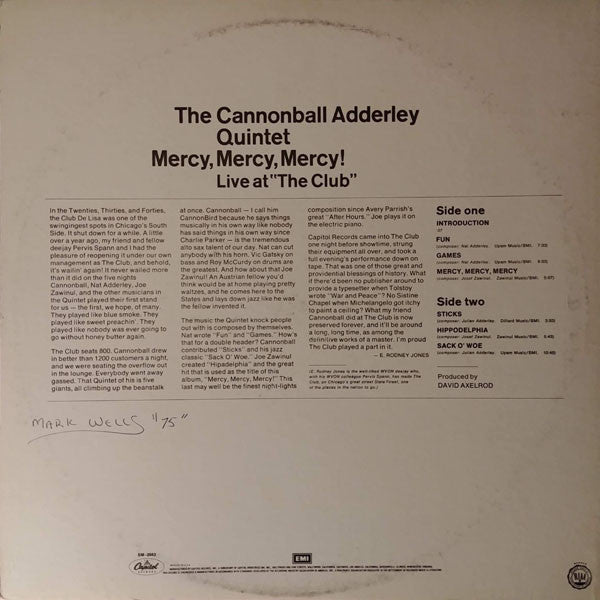 The Cannonball Adderley Quintet : Mercy, Mercy, Mercy! Live At "The Club" (LP, Album, RE)