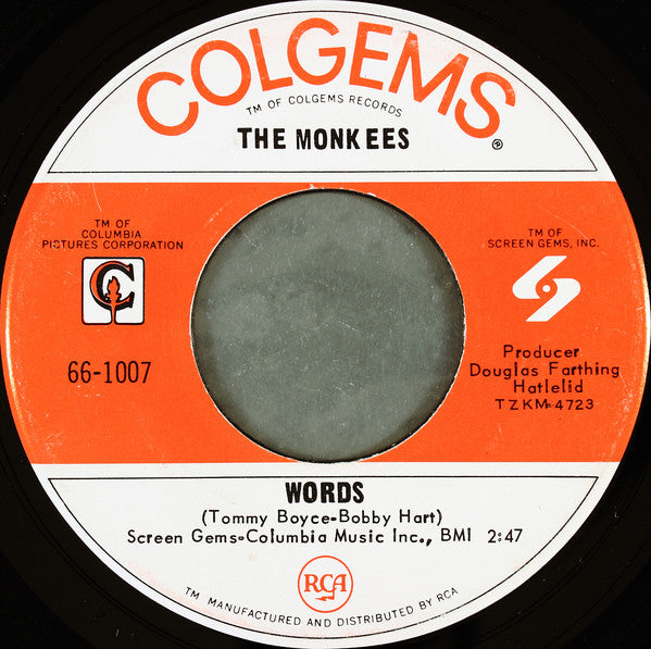 The Monkees : Pleasant Valley Sunday / Words (7", Single, Scr)