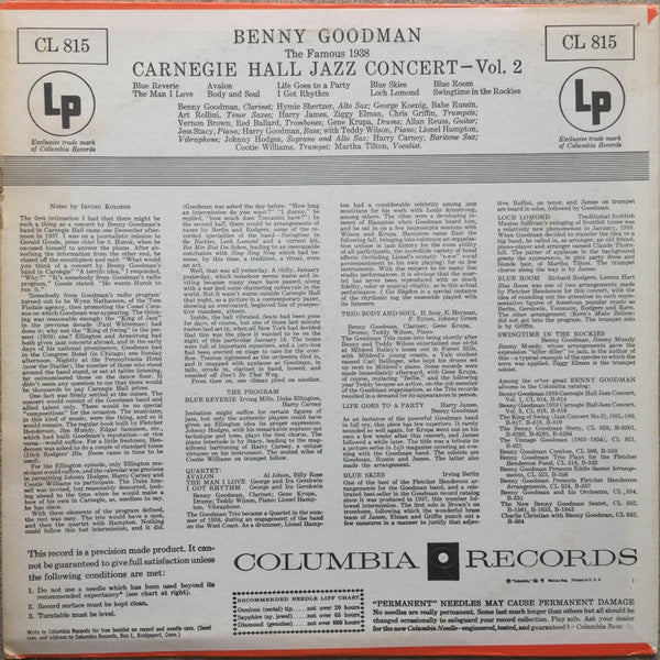 Benny Goodman : The Famous 1938 Carnegie Hall Jazz Concert - Volume 2 (LP, Mono, RE, Pit)
