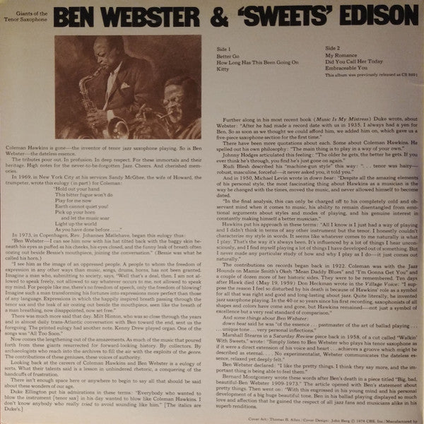 Ben Webster & 'Sweets' Edison* / Coleman Hawkins & Clark Terry : Giants Of The Tenor Saxophone / The Genius Of Ben Webster And Coleman Hawkins (2xLP, Comp)