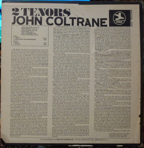 John Coltrane With Hank Mobley : 2 Tenors (LP, Album, RE, RM)