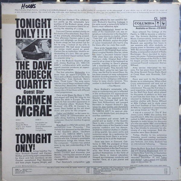 The Dave Brubeck Quartet Guest Star Carmen McRae : Tonight Only! (LP, Album, Mono)