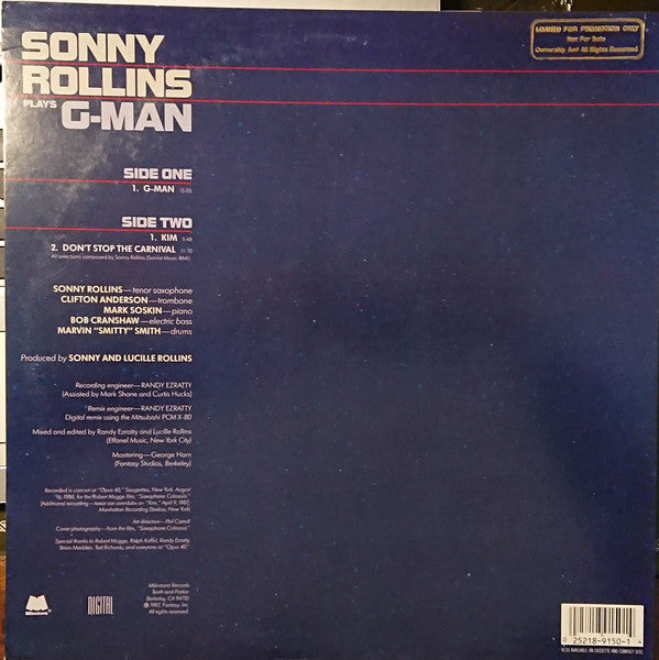 Sonny Rollins : Sonny Rollins Plays G-Man And Other Music For The Soundtrack Of The Robert Mugge Film "Saxophone Colossus" (LP, Album)