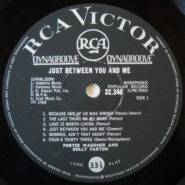 Porter Wagoner And Dolly Parton : Just Between You And Me (LP, Album, Mono)