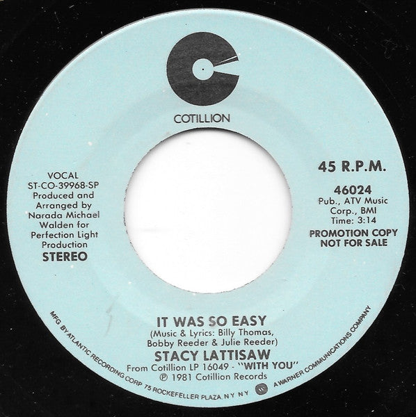 Stacy Lattisaw : It Was So Easy (7", Single, Promo, SP )