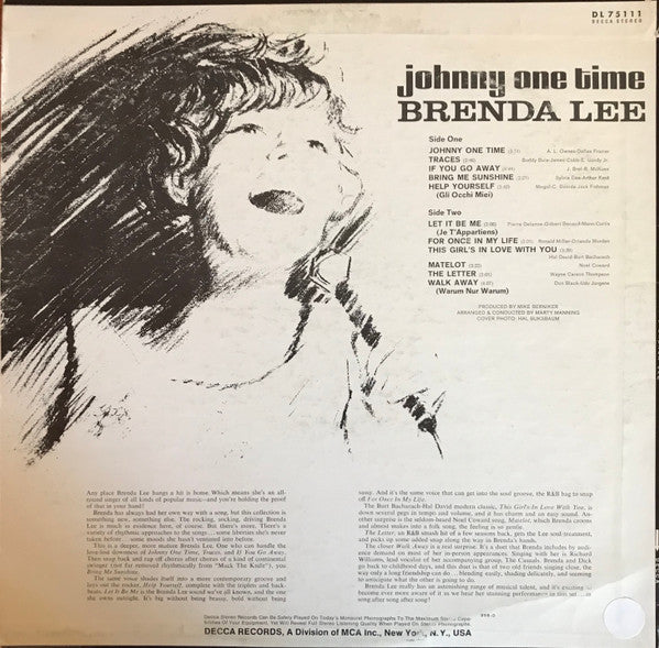 Brenda Lee : Johnny One Time (LP, Album, Pin)