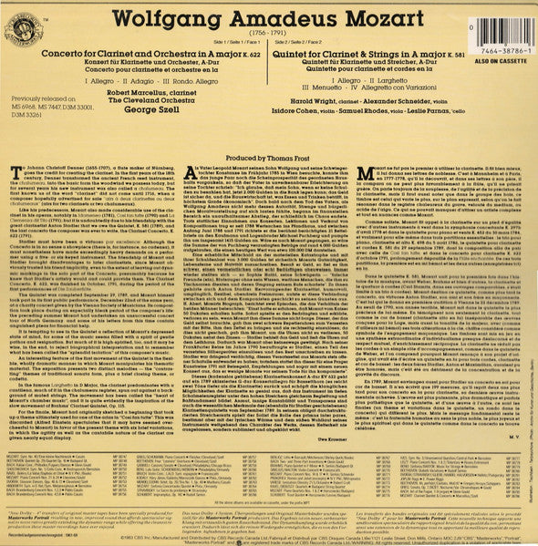 Mozart* / Robert Marcellus - Cleveland Orchestra* - George Szell - H. Wright* / A. Schneider* / I. Cohen* / S. Rhodes* / L. Parnas* : Clarinet Quintet / Clarinet Concerto (LP, Comp)