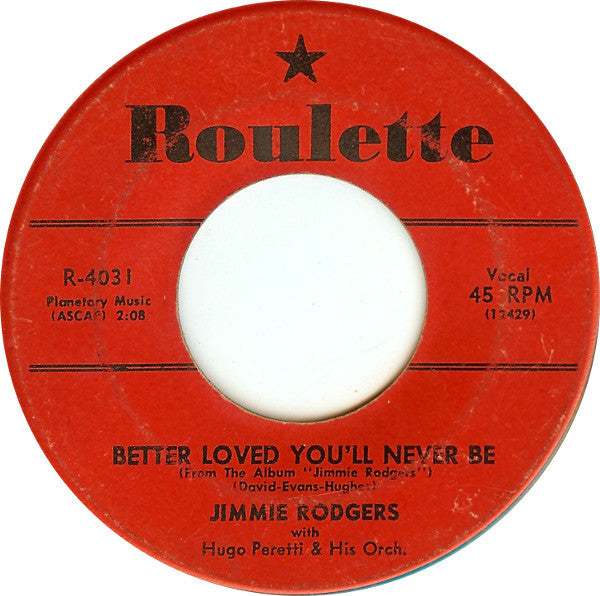 Jimmie Rodgers (2) With Hugo Peretti & His Orch.* : Kisses Sweeter Than Wine / Better Loved You'll Never Be (7", Single)