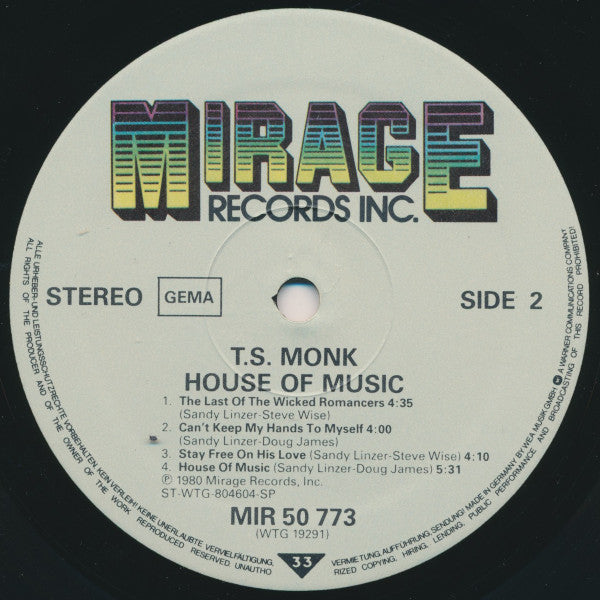 T.S. Monk : House Of Music (LP, Album)