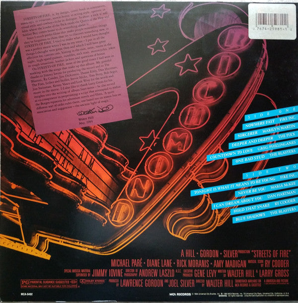 Various : Streets Of Fire - Music From The Original Motion Picture Soundtrack (LP, Album, RE, Pin)