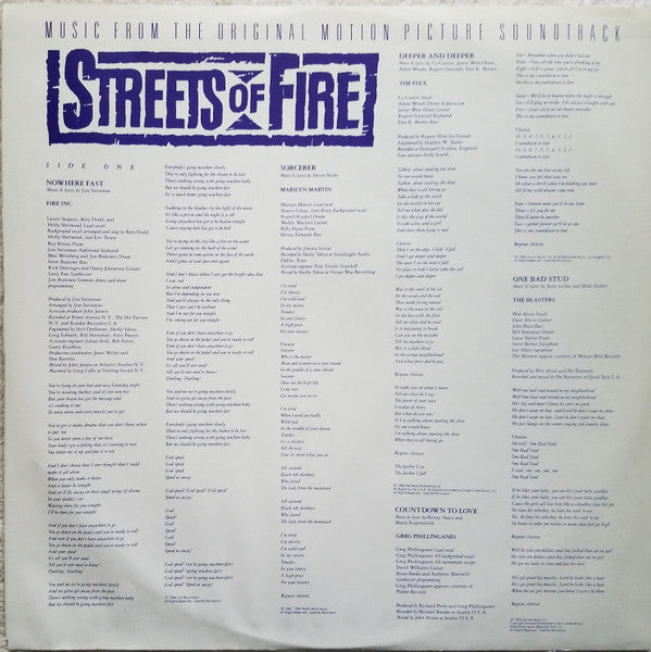 Various : Streets Of Fire - Music From The Original Motion Picture Soundtrack (LP, Album, RE, Pin)