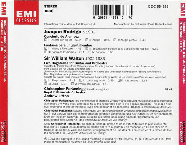 Rodrigo*, Walton*, Christopher Parkening, Royal Philharmonic Orchestra · Andrew Litton : Concierto De Aranjuez / Fantasia Para Un Gentilhombre / Five Bagatelles For Guitar And Orchestra (CD, Album, Club)