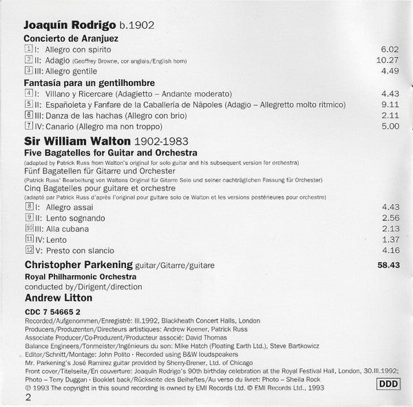 Rodrigo*, Walton*, Christopher Parkening, Royal Philharmonic Orchestra · Andrew Litton : Concierto De Aranjuez / Fantasia Para Un Gentilhombre / Five Bagatelles For Guitar And Orchestra (CD, Album, Club)
