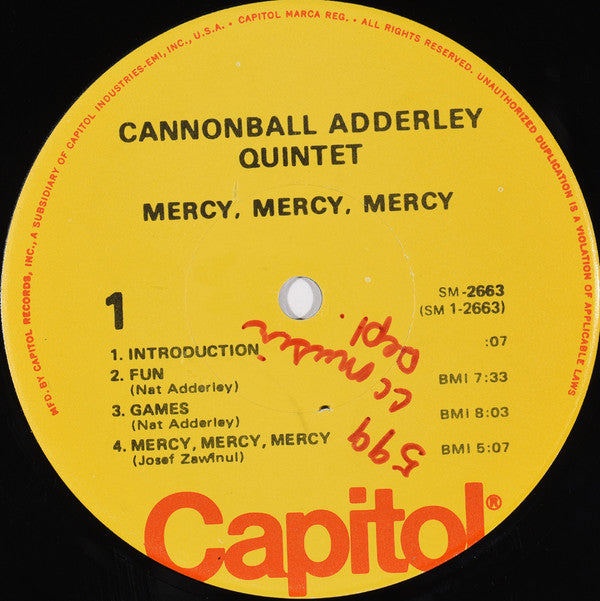 The Cannonball Adderley Quintet : Mercy, Mercy, Mercy! (Live At "The Club") (LP, Album, RE, Jac)