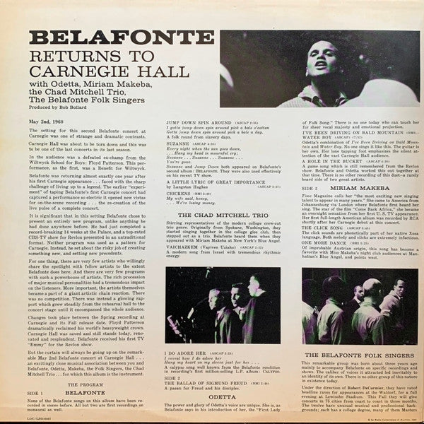 Harry Belafonte With Odetta ~ Miriam Makeba ~ The Chad Mitchell Trio ~ The Belafonte Folk Singers : Belafonte Returns To Carnegie Hall (2xLP, Album, RP, Hol)