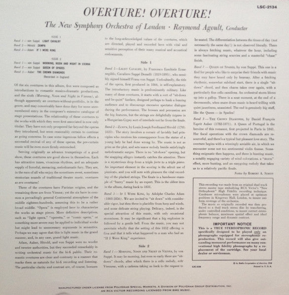 The New Symphony Orchestra Of London, Raymond Agoult : Overture! Overture (LP, Album, Ltd, RE, RM, 180)