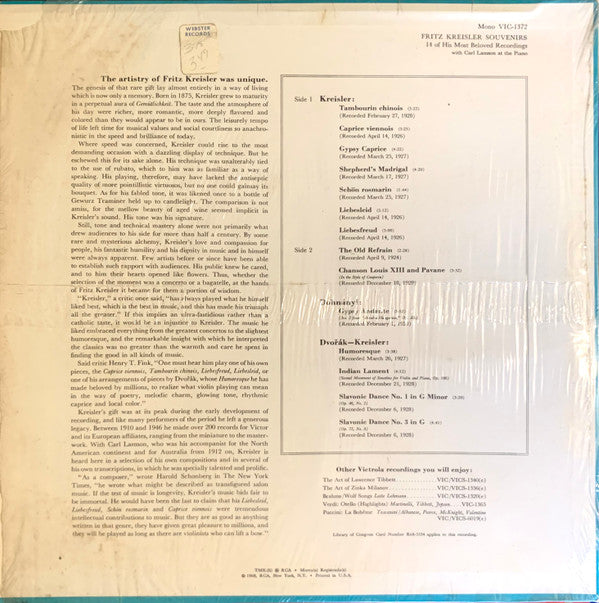 Fritz Kreisler : Souvenirs (LP, Mono, RP, Pin)