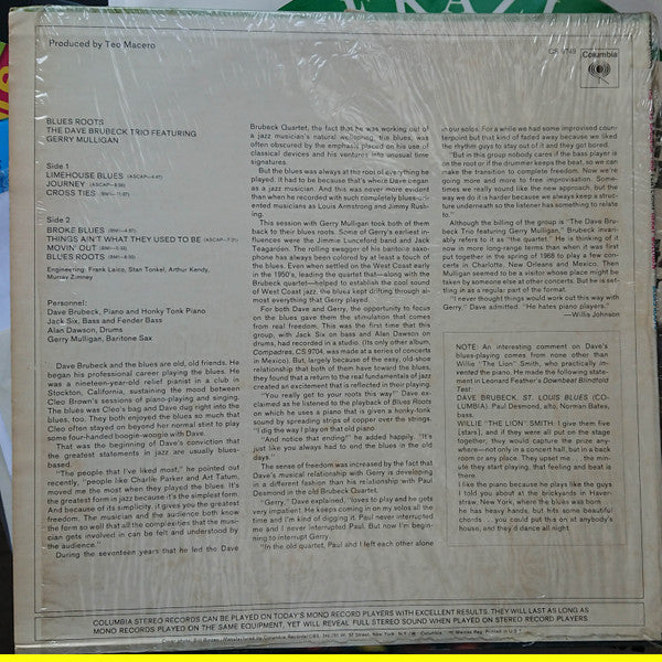 The Dave Brubeck Trio Featuring Gerry Mulligan : Blues Roots (LP, Album, Pit)