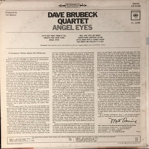 The Dave Brubeck Quartet : Angel Eyes (LP, Album, Pit)