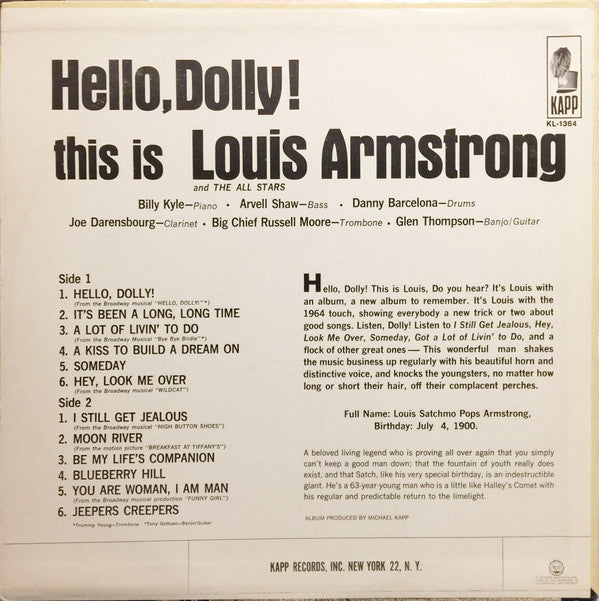 Louis Armstrong And The All-Stars* : Hello, Dolly! (LP, Album, Mono, All)