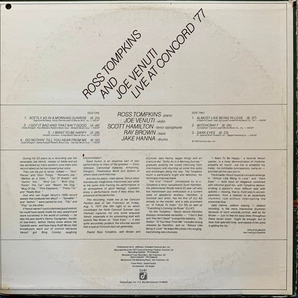 Ross Tompkins, Joe Venuti, Ray Brown, Scott Hamilton, Jake Hanna : Live At Concord '77 (LP)