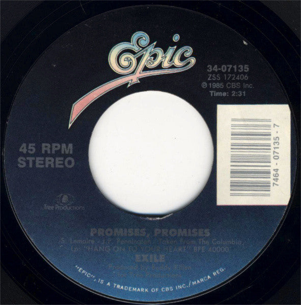 Exile (7) : She's Too Good To Be True / Promises, Promises (7", Single, Styrene, Car)