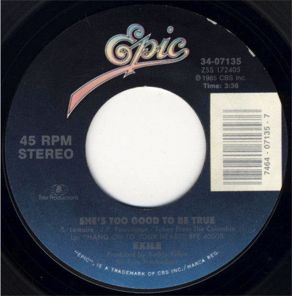 Exile (7) : She's Too Good To Be True / Promises, Promises (7", Single, Styrene, Car)