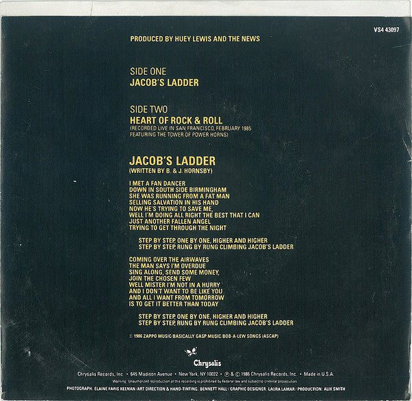 Huey Lewis And The News* : Jacob's Ladder (7", Single, Styrene, Car)