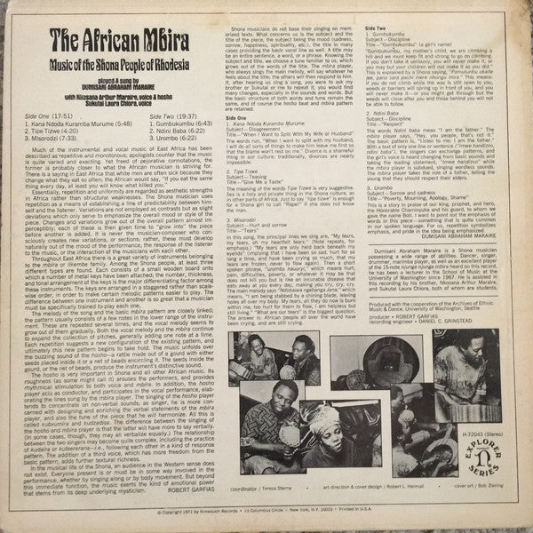 Dumisani Abraham Maraire : The African Mbira - Music Of The Shona People Of Rhodesia (LP)