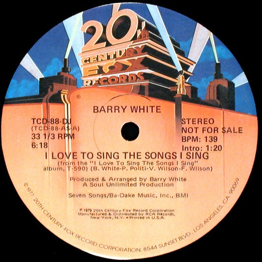 Barry White : I Love To Sing The Songs I Sing (12", Promo)