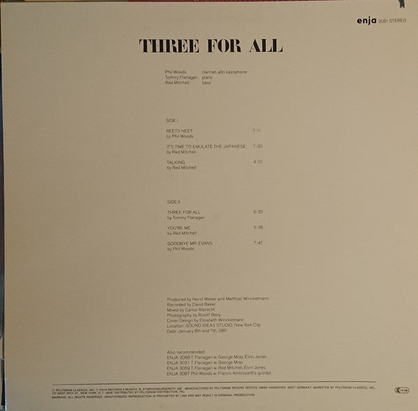 Phil Woods / Tommy Flanagan / Red Mitchell : Three For All (LP, Album)