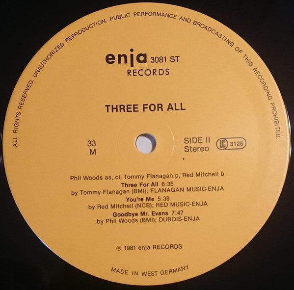 Phil Woods / Tommy Flanagan / Red Mitchell : Three For All (LP, Album)