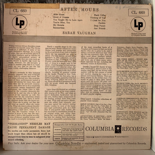 Sarah Vaughan : After Hours With Sarah Vaughan (LP, Album, Mono, RP)