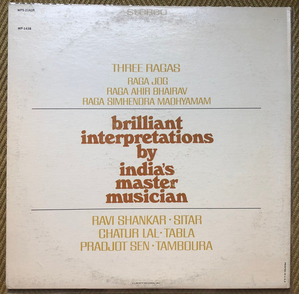 Ravi Shankar : Three Ragas (LP, Album)