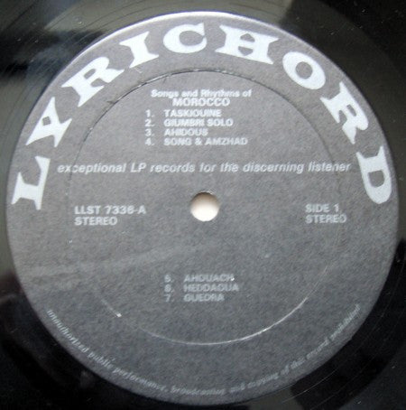 Unknown Artist : Songs And Rhythms Of Morocco (LP, Album)