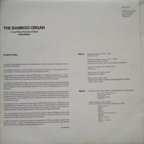 Wolfgang Oehms : The Bamboo Organ Of Las Piñas, Metro-Manila Philippines (LP)