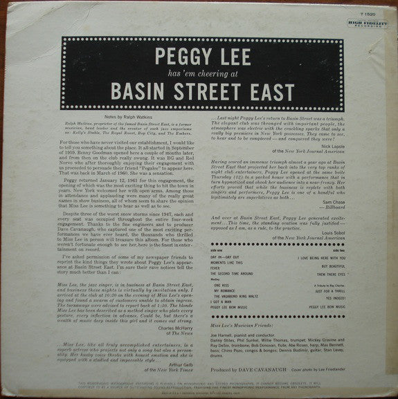 Peggy Lee : Basin Street East Proudly Presents Miss Peggy Lee Recorded At The Fabulous New York Club (LP, Album, Mono)
